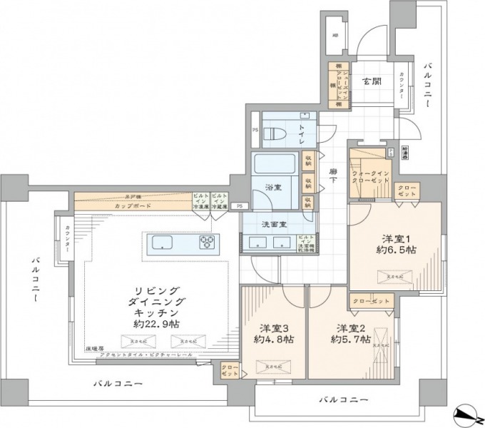 【間取り：3LDK】専有面積99.51㎡、バルコニー面積46.37㎡。床暖房付きの約22.9帖のリビングダイニングキッチンに、ウォークインクローゼット付きの約6.5帖、クローゼット付きの約5.7帖・約4.8帖の洋室があり、廊下に収納、玄関にシューズインクローゼットを備え、収納も充実しています。陽当たり良好な3面採光の住戸です。