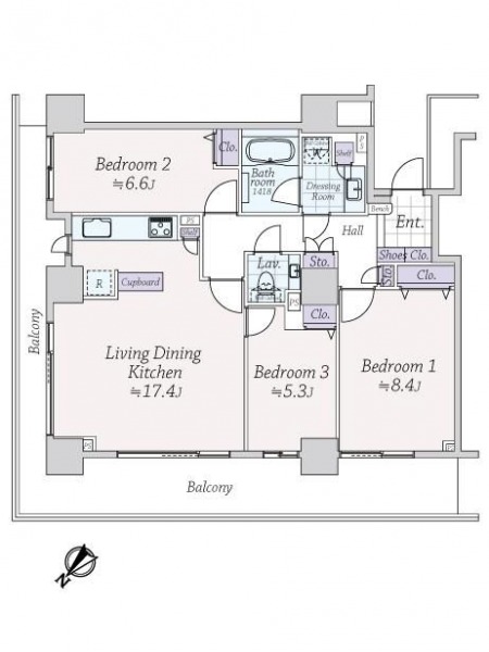 【間取り:3LDK】専有面積85.43㎡、バルコニー面積28.52㎡。床暖房付きの約17.4帖のリビングダイニングキッチンに、約8.4帖・約6.6帖・約5.3帖の洋室があり、それぞれにクローゼットを備えています。眺望・通風良好な北西・北東の角住戸です。