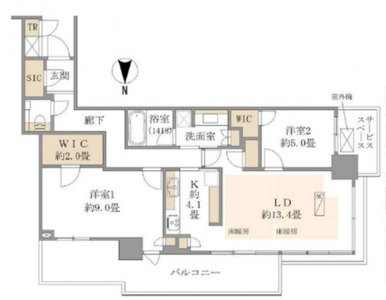 【間取り：2LDK】専有面積82.27㎡、バルコニー面積18.49㎡。床暖房付きの約13.4帖のリビングダイニングキッチンに、ウォークインクローゼット付きの約9.0帖の洋室と約5.0帖の洋室があります。開放感溢れるワイドスパンバルコニーの角住戸です。住戸付設のトランクルームもあり、収納も充実しています。
