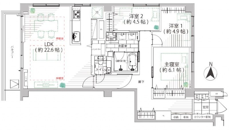 【間取り：3LDK】専有面積100.62㎡、バルコニー面積9.00㎡。床暖房付きの約22.6帖のリビングダイニングキッチンに、約6.1帖・約4.9帖・約4.5帖の洋室があり、それぞれにクローゼットを備えています。グリーンビューの西北角住戸です。