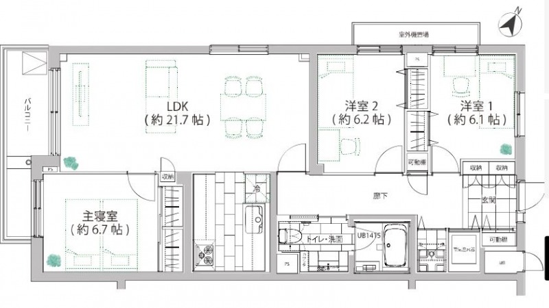 【間取り:3LDK】専有面積90.77㎡、バルコニー面積7.23㎡。約21.7帖のリビングダイニングキッチンに、約6.7帖・約6.2帖・約6.1帖の洋室があり、それぞれにクローゼットを備えています。陽当たり良好な南西と北西向きの角住戸です。