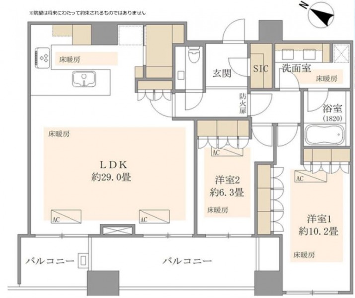 【間取り：2LDK】専有面積105.94㎡、バルコニー面積16.5㎡。約29.0帖のリビングダイニングキッチンに、約10.2帖・約6.3帖の洋室があり、それぞれにクローゼットを備えています。全居室・キッチン・洗面室に床暖房が敷設されています。キッチンにパントリー、玄関にシューズインクローゼットを備え、収納も充実しています。1820サイズの大型バスルームに、ツインボウルの洗面台など水回りにもゆとりがあります。南西向きの陽当たり良好な住戸です。