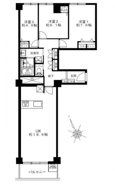 【間取り：3LDK】専有面積82.36㎡、バルコニー面積6.08㎡。約18.6帖のリビングダイニングキッチンに、約7.6帖・約6.1帖・約4.9帖の洋室があり、それぞれにウォークインクローゼット、廊下にも収納を備えています。陽当たり良好な南西向き住戸です。