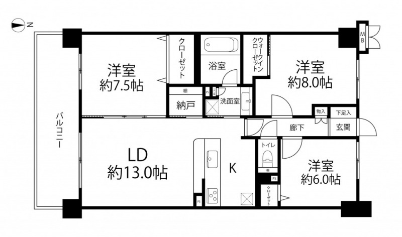 【間取り:3LDK】専有面積85.10㎡、バルコニー面積14.06㎡。約13.0帖のリビングダイニングにキッチン。ウォークインクローゼット付きの約8.0帖・クローゼット付きの約7.5帖と約6.0帖の洋室があり、リビングに隣接した納戸、廊下に物入、玄関にシューズクローゼットを備え、収納も充実しています。南向きの陽当たり・眺望良好な住戸です。