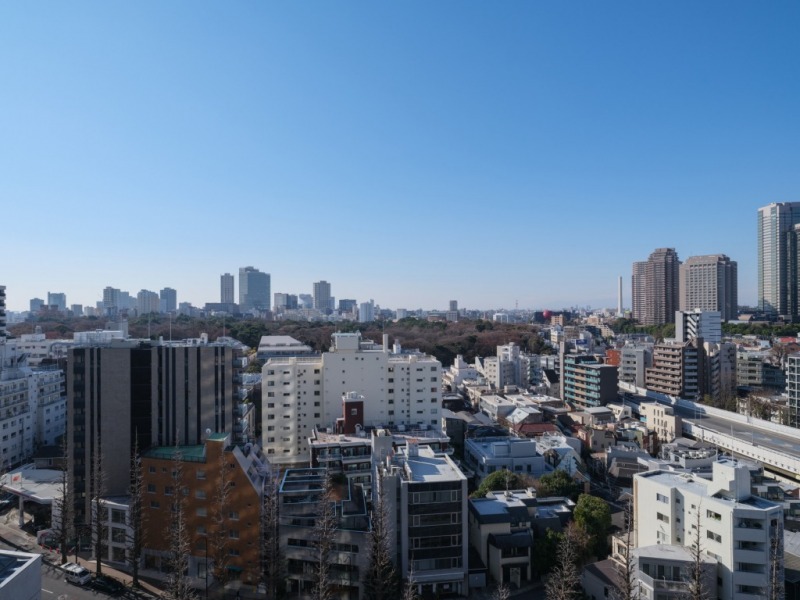 【住戸からの眺望】都会的な高層ビルが建ち並ぶ風景の中にも「自然教育園」の緑が広がり、空も広く仰げる爽快な眺望です。