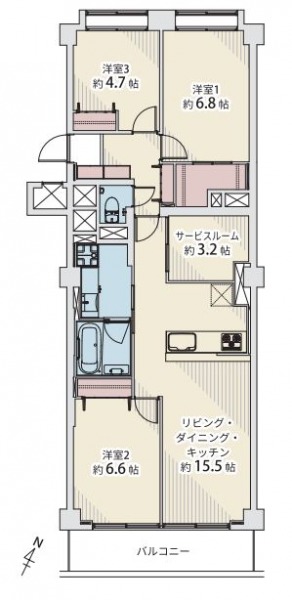 【間取り：3SLDK】専有面積82.91㎡、バルコニー面積7.70㎡。約15.5帖のリビングダイニングキッチンに、ウォークインクローゼット付きの約6.8帖、クローゼット付きの約6.6帖と約4.7帖の洋室、約3.2帖のサービスルームがあります。南東向きの陽当たり良好な住戸です。