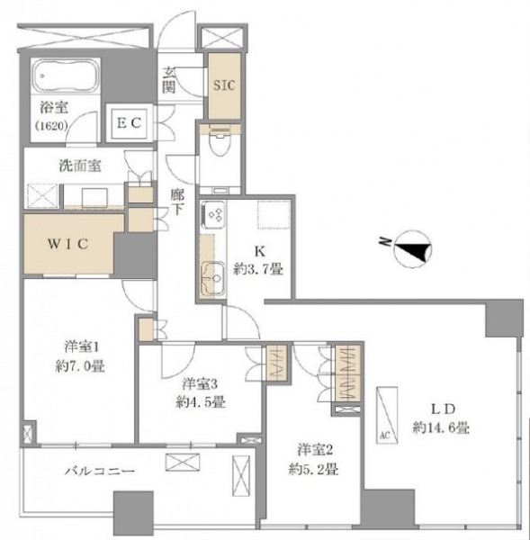 【間取り：3LDK】専有面積87.00㎡、バルコニー面積9.53㎡。床暖房敷設の約14.6帖のリビングダイニングに約3.7帖のキッチン。ウォークインクローゼット付きの約7.0帖、クローゼット付きの約5.2帖・約4.5帖の洋室があります。廊下に収納、玄関にシューズインクローゼットを備え、収納も充実しています。陽当たりと眺望良好な南と西向きの角住戸です。