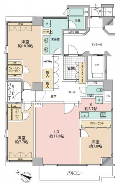 【間取り:3LDK】専有面積120.23㎡、バルコニー面積10.14㎡。床暖房付きの約17.3帖のリビングダイニングに約3.7帖のキッチン。ウォークインクローゼット付きの約10.9帖と約7.7帖、クローゼット付きの約7.0帖があり、廊下や玄関にも収納を備えています。南西向きの陽当たり良好な住戸です。