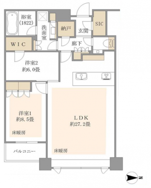 【間取り：2LDK】専有面積94.88㎡、バルコニー面積4.54㎡。床暖房付きの約27.2帖のリビングダイニングキッチンに、床暖房とクローゼット付きの約8.5帖、ウォークインクローゼット付きの約6.0帖の洋室があります。廊下に納戸や収納、玄関にシューズインクローゼットを備え、収納も充実しています。1822サイズのバスルームや専用手洗いスペース付きのトイレなど水回りにもゆとりがあります。