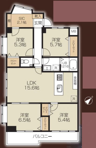 【間取り：4LDK】専有面積86.17㎡、バルコニー面積8.5㎡。床暖房敷設の15.6帖のリビングダイニングキッチンに、クローゼット付きの6.5帖・5.7帖・5.4帖・5.3帖の洋室があり、5.3帖の洋室には2.1帖のシューズインクローゼットも付いています。陽当たり・眺望良好な東南西向きの3方角住戸です。