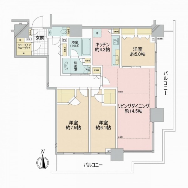 【間取り：3LDK】専有面積90.02㎡、バルコニー面積24.8㎡。床暖房敷設の約14.5帖のリビングダイニングに約4.2帖のキッチン。ウォークインクローゼット付きの約7.5帖と約6.1帖、クローゼット付きの約5.0帖の洋室があり、廊下に収納、玄関にシューズインクローゼットを備えています。陽当たり・眺望良好な南と東向きの住戸です。