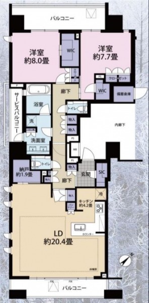 【間取り：2LDK】専有面積104.93㎡、バルコニー面積23.04㎡。床暖房敷設の約20.4帖のリビングダイニングキッチンに、ウォークインクローゼットとクローゼット付きの約8.0帖と約7.7帖の洋室があり、リビングに約1.9帖の納戸や物入、キッチンにパントリー、廊下に物入、玄関にシューズインクローゼットを備え、収納が豊富です。陽当たり・眺望良好な南東と南西向きの角住戸です。