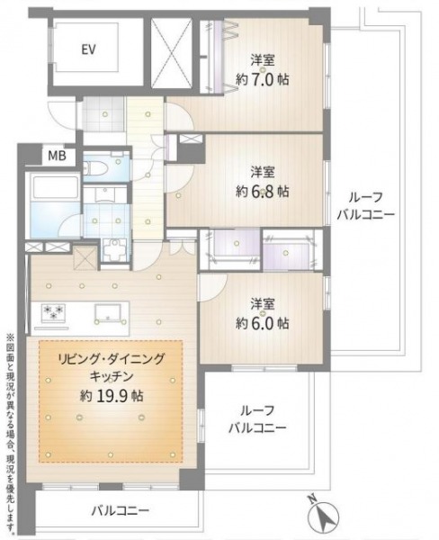 【間取り:3LDK】専有面積87.08㎡、バルコニー面積5.68㎡、ルーフバルコニー面積28.20㎡。床暖房付きの約19.9帖のリビングダイニングキッチンに、クローゼット付きの約7.0帖、ウォークインクローゼット付きの約6.8帖と約6.0帖の洋室があります。ルーフバルコニー×2、バルコニー×1のある陽当たり良好な南東角住戸です。