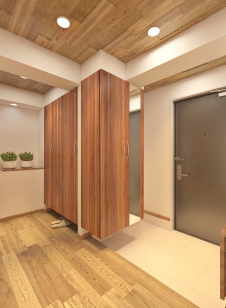 【玄関:完成イメージ】天井やフローリングも天然無垢材を使用した暖かみのある上品な空間となっています。高さのあるシューズクローゼットが設置されており、姿見付きのフロートタイプで、お掃除もしやすく玄関フロアも広く見せます。