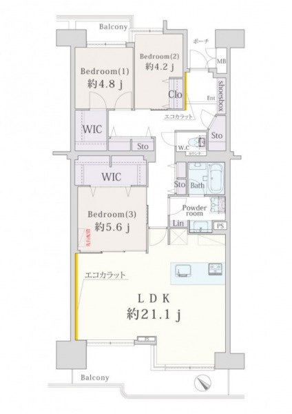 【間取り:3LDK】専有面積93.15㎡、バルコニー面積15.47㎡、ポーチ面積2.49㎡。約21.1帖のリビングダイニングキッチンに、ウォークインクローゼット付きの約5.6帖と約4.8帖、クローゼット付きの約4.2帖の洋室があります。廊下に収納3か所、玄関に収納を備え、収納も豊富です。南西向きの陽当たり・眺望良好な住戸です。