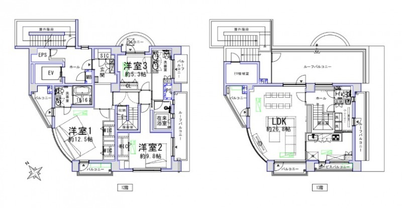 【間取り:3LDK】専用面積155.49㎡、バルコニー面積20.13㎡、バルコニー面積20.13㎡、ルーフバルコニー面積45.26㎡、サービスバルコニー面積2.91㎡。約26.8帖のリビングダイニングキッチンに、約12.5帖と約9.8帖・約5.3帖の洋室があり、それぞれにウォークインクローゼットまたはクローゼットを備え、玄関にはシューズインクローゼットを備えており、収納も充実した3LDKです。バスルーム×2、ツインボウルの洗面台、トイレが3か所、スロップシンク付きのユーティリティルームと水回りもゆとりある造りとなっています。バルコニー×10か所と陽当たり良好なメゾネットの4方角住戸です。