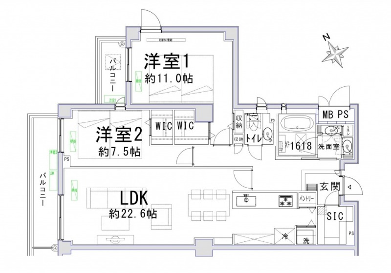 【間取り:2LDK】専有面積93.89㎡、バルコニー面積12.46㎡。約22.6帖のリビングダイニング、パントリー付きのキッチンに、約11.0帖と約7.5帖の洋室があり、それぞれにウォークインクローゼットを備え、廊下に収納、玄関にはシューズインクローゼットを備え、収納も充実した2LDKです。1618サイズのゆったりとしたバスルーム、ダブルボウルの洗面台、手洗いスペース付きのトイレと水回りもゆとりある造りとなっています。2面バルコニーのある住戸です。