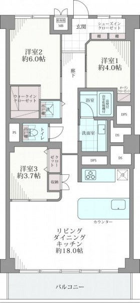 【間取り：3LDK】専有面積80.01㎡、バルコニー面積9.45㎡。約18.0帖のリビングダイニングキッチンに、オープンクローゼット付きの約4.0帖、ウォークインクローゼット付きの約6.0帖、クローゼット付きの約3.7帖の洋室があります。リビングに収納、玄関にシューズインクローゼットを備え、収納も充実しています。南向きの陽当たり良好な住戸です。