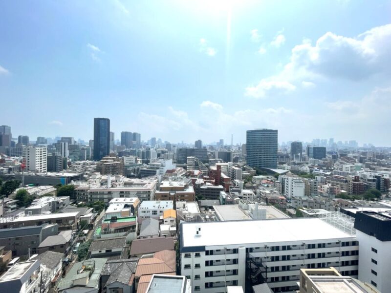 【住戸からの眺望】都会的な高層ビルが建ち並ぶ風景ながら、周辺は視線より高い建物も少なく広い空も仰げる開放感のある眺望です。