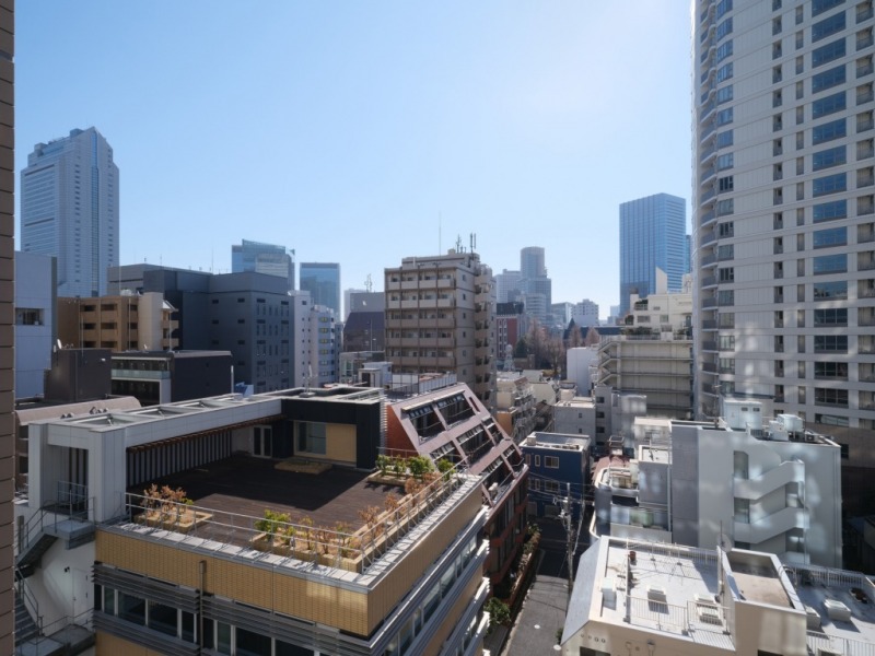 【住戸からの眺望】都会的な高層ビルが建ち並ぶ風景ですが、周辺は視線より高い建物も少なく広い空も仰げる開放感のある眺望です。
