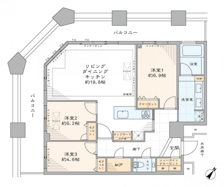 【間取り:3LDK】専有面積88.33㎡、バルコニー面積29.69㎡。約19.8帖のリビングダイニングキッチンに、約6.9帖・約5.2帖・約4.6帖の洋室があり、それぞれにクローゼットを備えています。廊下に納戸、玄関にシューズインクローゼットを備え、収納も充実しています。陽当たり・眺望良好なパノラマウインドウのある角住戸です。