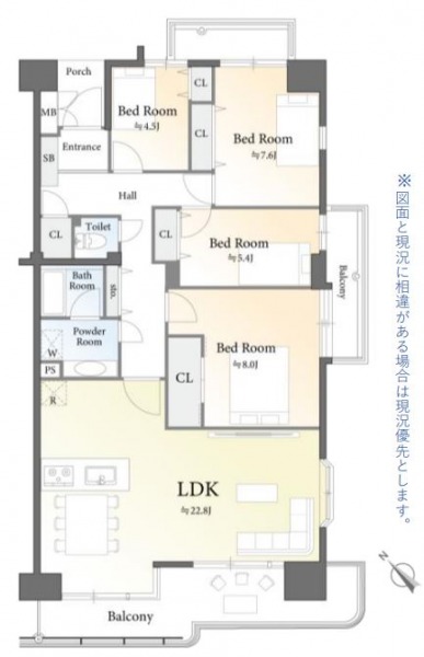 【間取り：4LDK】専有面積110.98㎡、バルコニー面積24.98㎡。約22.8帖のリビングダイニングキッチンに、約8.0帖・約7.6帖・約5.4帖・約4.5帖の洋室があり、それぞれにクローゼットを備えています。陽当たり・眺望良好な3方角住戸です。