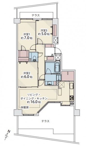 【間取り:3LDK】専有面積80.17㎡、テラス面積27.24㎡。床暖房付きの約16.0帖のリビングダイニングキッチンに、ウォークインクローゼット付きの約7.0帖、クローゼット付きの約6.0帖と約5.0帖の洋室があります。パントリーや2面テラスのある陽当たり良好な南東向き住戸です。専用使用権付きトランクルームも備えています。