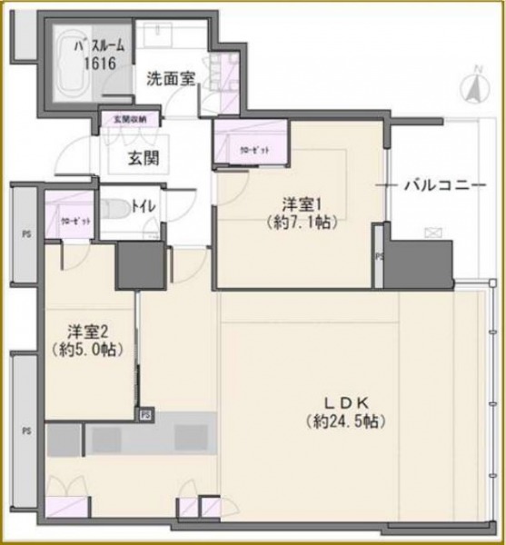 【間取り:2LDK】専有面積80.54㎡、バルコニー面積6.8㎡。約24.5帖のリビングダイニングキッチンに、約7.1帖と約5.0帖の洋室があり、それぞれにウォークインクローゼットを備えています。東向きの開放感のある住戸です。