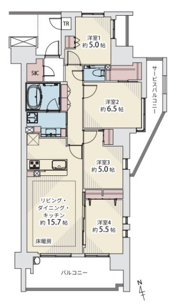 【間取り:4LDK】専有面積87.16㎡、バルコニー面積12.27㎡。床暖房付きの約15.7帖のリビングダイニングキッチンに、ウォークインクローゼット付きの約6.5帖、クローゼット付きの約5.0帖×2、約5.5帖の洋室があります。廊下に収納、玄関にシューズインクローゼット、住戸付設のトランクルームを備え、収納も充実しています。W2400サイズのキッチンや1620サイズのバスルーム、専用手洗いスペース付きのトイレなど水回りにもゆとりがあります。南西向きの陽当たり・眺望良好な最上階角住戸です。