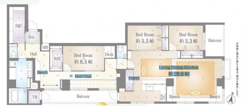 【間取り：3LDK】専有面積151.71㎡、バルコニー面積19.19㎡。床暖房付きの約28.6帖のリビングダイニングキッチンに、ウォークインクローゼット付きの約8.5帖、クローゼット付きの約5.5帖・約5.3帖の洋室があり、キッチンにはパントリー、バルコニーにトランクルーム、玄関にシューズインクローゼットがあり、収納も充実しています。陽当たり良好な最上階3方角住戸です。