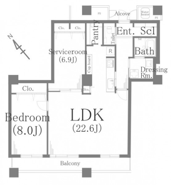 【間取り：1SLDK】専有面積83.68㎡、バルコニー面積12.90㎡、アルコーブ面積2.80㎡。約22.6帖のリビングダイニングキッチンに、約8.0帖と約6.9帖の洋室があり、それぞれにクローゼットを備えています。陽当たり良好な南西向き住戸です。