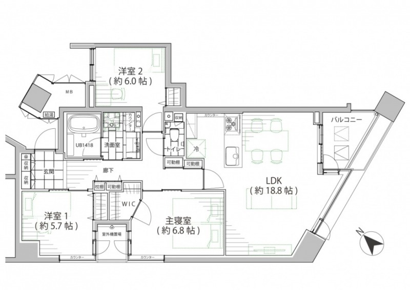 【間取り:3LDK】専有面積84.92㎡、バルコニー面積6.51㎡。約18.8帖のリビングダイニングキッチンに、ウォークインクローゼット付きの約6.8帖、クローゼット付きの約6.0帖と5.7帖の洋室があります。眺望・陽当たり良好な2面採光のある角住戸です。