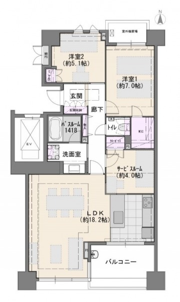【間取り：2SLDK】専有面積81.67㎡、バルコニー面積7.4㎡、アルコープ1.42㎡。床暖房付きの約18.2帖のリビングダイニングキッチンに、ウォークインクローゼット付きの約7.0帖、クローゼット付きの約5.1帖の洋室、クローゼット付きの約4.0帖のサービスルームがあり、廊下に物入、玄関にシューズクローゼットを備えています。眺望・陽当たり良好な南向き住戸です。