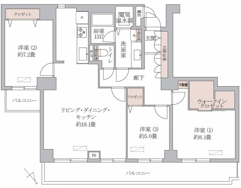 【間取り：3LDK】専有面積88.11㎡。約19.1帖のリビングダイニングキッチンに、ウォークインクローゼット付きの約8.1帖、クローゼット付きの約7.2帖と約5.0帖の洋室があります。開放感のあるワイドスパン住戸です。