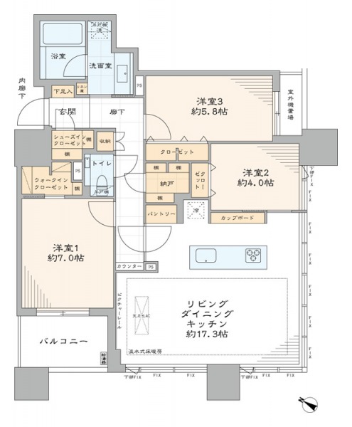 【間取り：3LDK】専有面積82.59㎡、バルコニー面積5.30㎡。床暖房付きの約17.3帖のリビングダイニングキッチンに、ウォークインクローゼット付きの約7.0帖、クローゼット付きの約4.0帖と約5.8帖の洋室があり、キッチンにパントリー、廊下に納戸や収納、玄関にシューズインクローゼットや下足入れを備え、収納も豊富です。陽当たり・眺望良好な南東と南西向きの角住戸です。専用使用権付きトランクルームもあります。