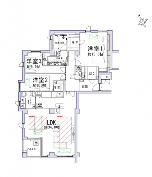 【間取り：3LDK】専有面積147.97㎡、バルコニー面積4.98㎡。床暖房敷設の約34.0帖LDKに、約15.0帖・約8.0帖・約6.9帖の洋室がある3LDK。ウォークインクローゼットやシューズインクローゼットを備え、収納も充実。在来浴室やツインボウル洗面台にユーティリティルームと水回りもゆとりあり。南・西・北向きの陽当たり良好な3方角住戸です。