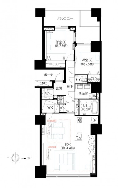 【間取り：2LDK】専有面積89.96㎡、バルコニー面積12.87㎡、ポーチ面積4.48㎡。床暖房敷設・暖炉設置・ウォークインクローゼット付きの約24.4帖のリビングダイニングキッチンに、約7.5帖と約5.6帖の洋室があります。それぞれの洋室にクローゼット、廊下に収納、玄関にシューズインクローゼットを備え、プライベートトランクもあり収納も豊富です。1620サイズのバスルームやダブルボウル洗面台など、水回りにもゆとりがあります。東向きで陽当たり・眺望良好な住戸です。