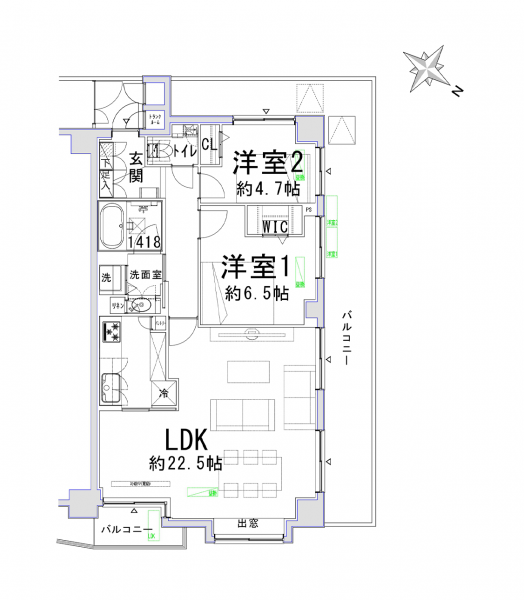 【間取り:2LDK】専有面積73.85㎡、バルコニー面積23.28㎡。約22.5帖LDKに、ウォークインクローゼット付きの約6.5帖、クローゼット付きの約4.7帖の洋室があります。1418サイズのゆったりとしたバスルームに専用手洗いスペース付きのトイレなど、水回りもゆとりある造りとなっています。陽当たり良好な3方角住戸です。