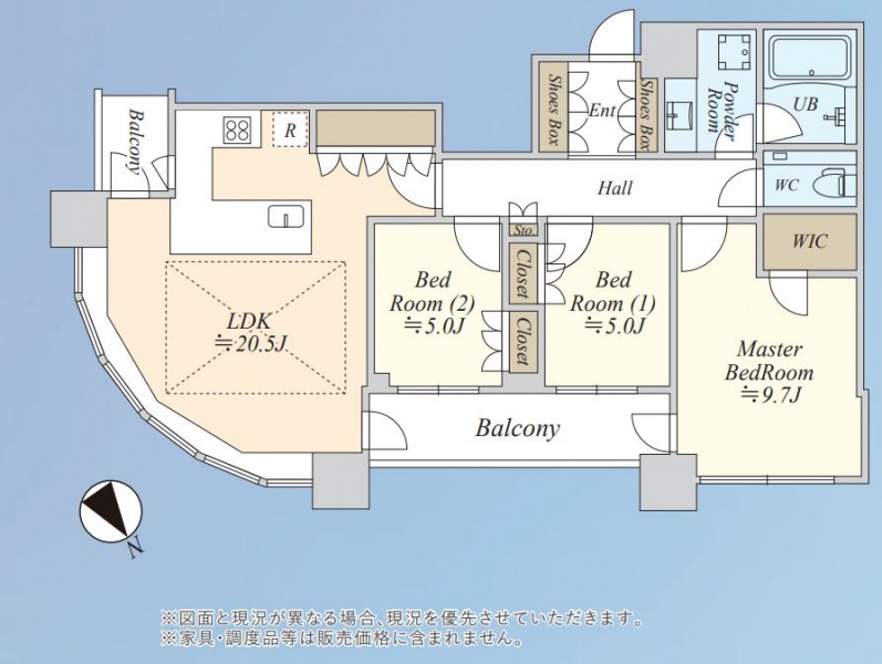 【間取り:3LDK】専有面積94.46㎡、バルコニー面積12.41㎡。床暖房付きの約20.5帖のリビングダイニングキッチンに、ウォークインクローゼット付きの約9.7帖、クローゼット付きの約5.0帖×2部屋の洋室があります。パノラマウインドウや2面採光のある開放感たっぷりな住戸です。