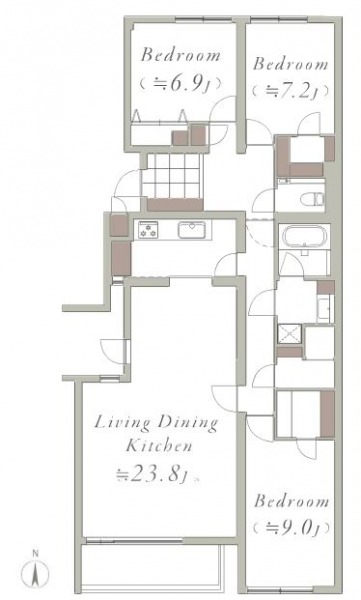 【間取り：3LDK】専有面積116.23㎡、バルコニー面積6.60㎡。約23.8帖はリビングダイニングキッチンに、ウォークインクローゼット付きの約9.0帖と約7.2帖、クローゼット付きの約6.9帖の洋室があり、廊下に収納、玄関にシューズクローゼットを備えています。陽当たり良好な南向き住戸です。