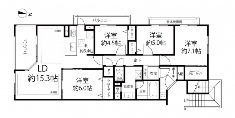 【間取り:4LDK】専有面積90.51㎡、バルコニー面積10.01㎡、ポーチ面積2.79㎡、トランクルーム0.36㎡。床暖房敷設の約15.3帖のリビングダイニングキッチンに、ウォークインクローゼット付きの約7.1帖、クローゼット付きの約6.0帖・約5.0帖・約4.5帖の洋室があります。廊下に物入、玄関にシューズクローゼット、ポーチにはトランクルームも備え、収納も充実しています。陽当たり良好な南西角住戸です。