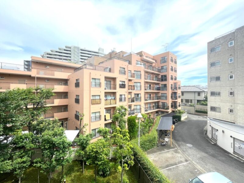 【住戸からの眺望】前面の建物まで距離が保たれているので陽光も注ぎ、開放感もあり、空も仰げる眺望です。