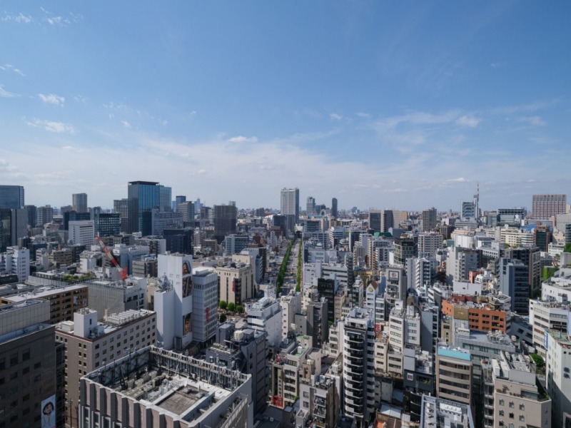 【住戸からの眺望】都会的な高層ビルが建ち並ぶ風景ながら、周辺は視線より高い建物も少なく広い空も仰げる開放感のある眺望です。