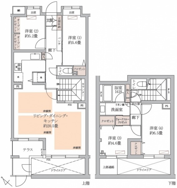 【間取り:4LDK】専有面積106.02㎡、テラス面積3.64㎡。上階に床暖房付きの約20.6帖のリビングダイニングキッチンに、約5.6帖と約5.2帖の洋室、下階に約4.6帖・約6.5帖の洋室があり、洋室にはそれぞれクローゼットを備えています。陽当たり良好な南西向きメゾネットです。