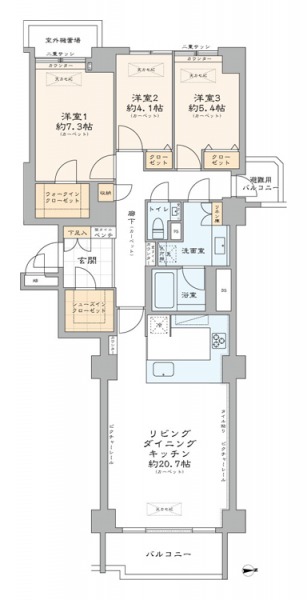 【間取り：3LDK】専有面積95.22㎡、バルコニー面積6.07㎡。約20.7帖のリビングダイニングキッチンに、ウォークインクローゼット付きの約7.3帖、クローゼット付きの約4.1帖と約5.4帖の洋室があります。廊下に収納、玄関には、下足入れの他にシューズインクローゼットを備え、収納も豊富です。東と西向きの採光とグリーンビューのある住戸です。