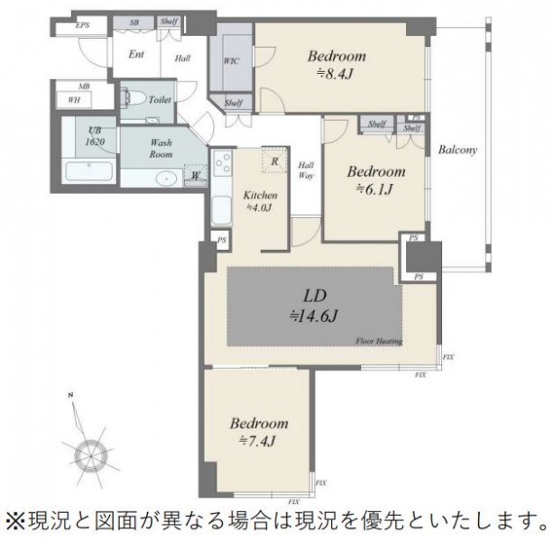 【間取り:3LDK】専有面積96.00㎡、バルコニー面積12.74㎡。床暖房付き約14.6帖のリビングダイニングに約4.0帖のキッチン。ウォークインクローゼット付きの約8.4帖、シェルフ付きの約6.1帖、約7.4帖の洋室があります。1620サイズのバスルームや手洗いスペース付きのトイレなど、水回りにもゆとりがあります。南西向きの陽当たり良好な住戸です。