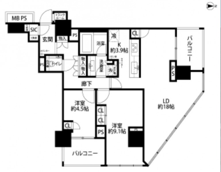 【間取り：2LDK】専有面積85.67㎡、バルコニー面積11.73㎡。床暖房付きの約18帖のリビングダイニングに約3.9帖のキッチン。約9.1帖と約4.5帖の洋室があり、それぞれにクローゼット、廊下に収納、玄関にシューズインクローゼット、アルコーブにトランクルームを備え、収納も豊富です。陽当たり・眺望良好な角住戸です。