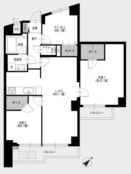 【間取り：2SLDK】専有面積82.17㎡、バルコニー面積9.04㎡。約17.1帖のリビングダイニングキッチンに、ウォークインクローゼット付きの約10.1帖と約6.2帖の洋室、クローゼット付きのサービスルームがあります。南東向きの陽当たり良好な住戸です。