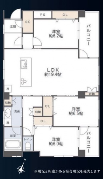 【間取り：3LDK】専有面積90.62㎡。約19.4帖のリビングダイニングキッチンに、約6.5帖・約6.2帖・約6.0帖の洋室があり、それぞれにクローゼットを備えています。3面採光のある陽当たり良好な住戸です。