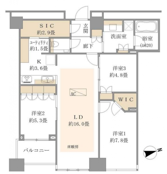 【間取り：3LDK】専有面積92.29㎡、バルコニー面積4.9㎡。床暖房敷設の約16.0帖のリビングダイニングに約3.6帖のキッチン。ウォークインクローゼット付きの約7.8帖、クローゼット付きの約5.3帖と約4.8帖の洋室があり、収納付きの約1.5帖のユーティリティルーム、玄関には約2.9帖のシューズインクローゼットを備えています。1620サイズのバスルーム、専用手洗いスペース付きのトイレなど、水回りにもゆとりがあります。陽当たり・眺望良好な南東向き住戸です。